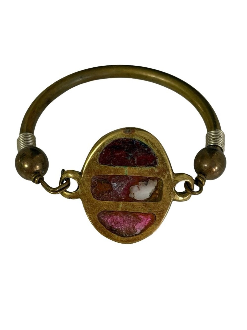 Vintage Heavy Brass Tone Multicolor Inlay Artisan Bangle Bracelet Boho Statement